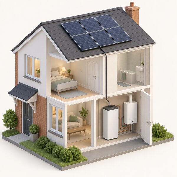 A cutaway home view showing a Thermino heat battery unit beside a gas combi boiler in the airing cupboard, with a pipe link between them, and rooftop solar PV panels outside connected by a cable down to the heat battery.