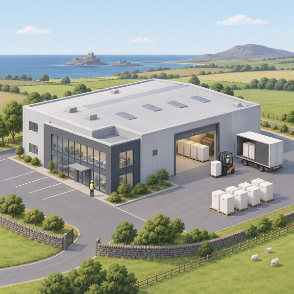 A simplified isometric view of a modern industrial factory building in a Scottish setting, with a small figure of a worker near the entrance and heat battery units visible being moved through a loading bay, set among low East Lothian countryside.
