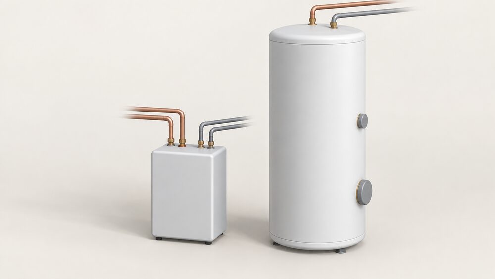 A compact cuboid Thermino heat battery standing centrally with its pipework connections, shown beside a much taller traditional hot water cylinder to show how much smaller the cuboid unit is.