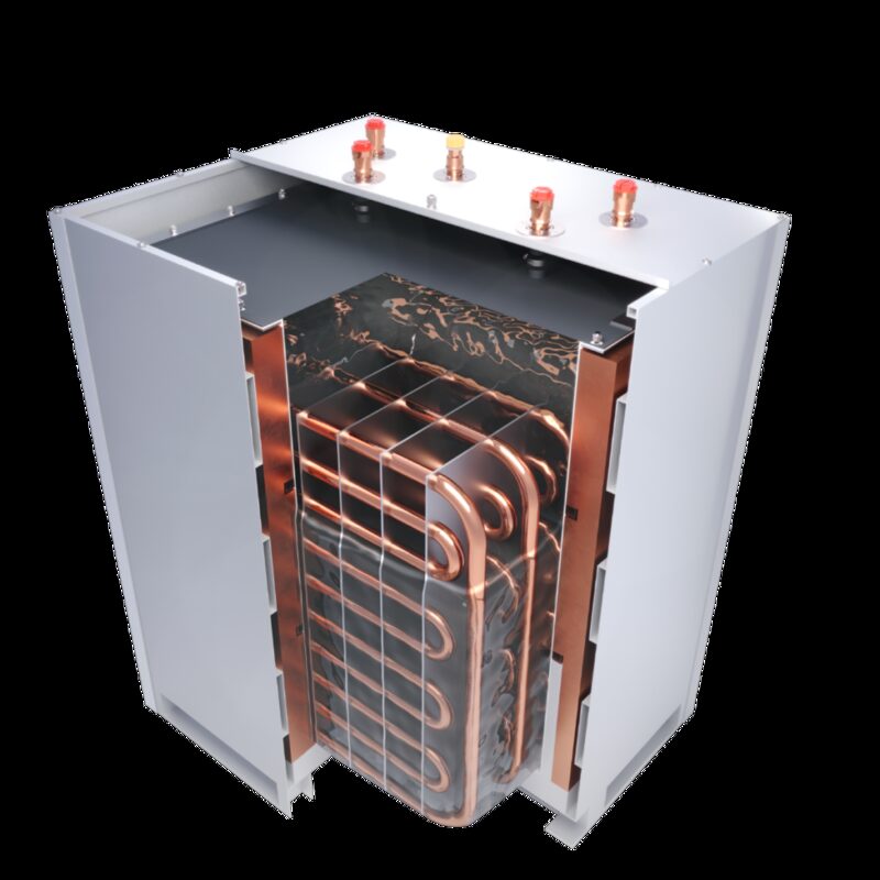 A cutaway 3D render of a Sunamp Central Bank Mini thermal battery heat storage unit showing internal copper heat exchanger coils