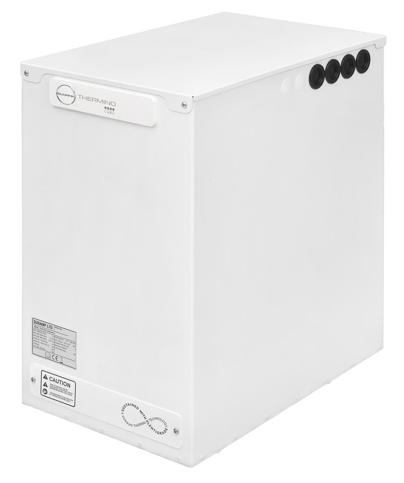 A white Sunamp Thermino thermal battery / heat storage water heater unit shown against a plain background