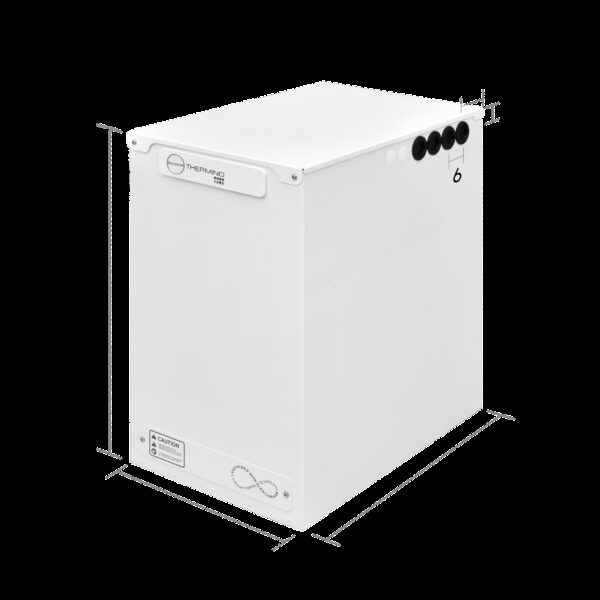 A white Sunamp Thermino thermal battery (heat battery) cylinder shown with dimension labels for height, width and depth