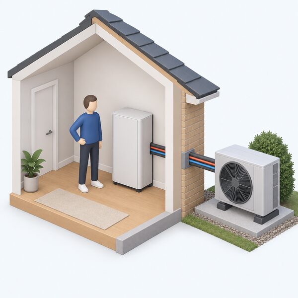 A compact heat battery unit standing inside a home, connected by insulated pipework through the wall to an air source heat pump fan unit outside, with a simplified figure beside the indoor unit showing its small footprint.