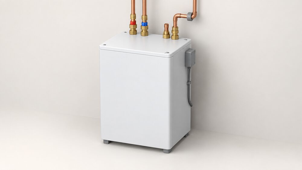 A compact Sunamp Thermino heat battery, a small boxy unit sized to fit neatly inside a domestic airing cupboard, standing alone with its pipework and electrical connections visible, with no hot water cylinder alongside it and no flue or outdoor unit anywhere in the scene.