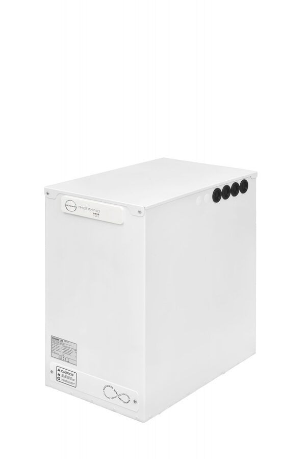 A white Sunamp Thermino thermal battery (heat battery water heater) product unit shown on a plain white background