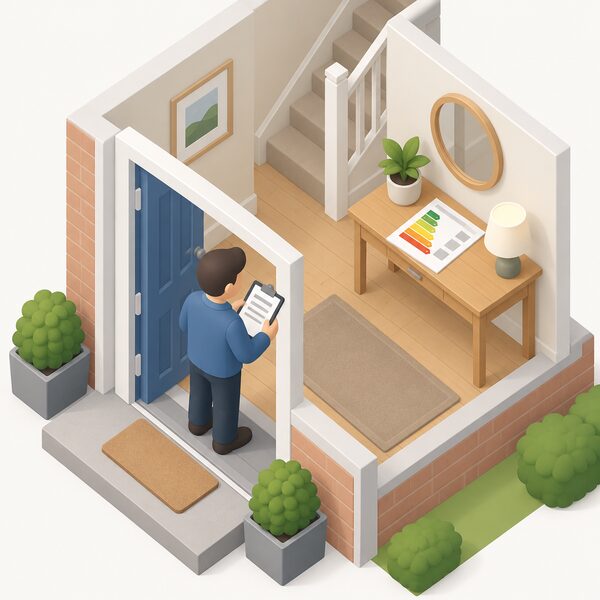 A simplified isometric assessor standing at a home's front door holding a clipboard, with the printed energy performance certificate laid on a hallway table inside, its coloured rating bands and blank lines shown as plain blocks with no readable words or numbers.