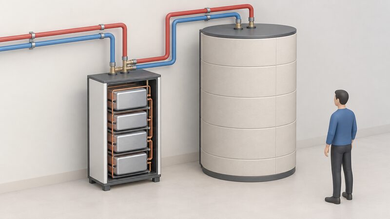 A cutaway view of a compact heat battery unit showing its internal phase change material cells as stacked sealed modules, with a larger ceramic block heat store standing beside it, both connected to pipework leading to a water circuit.