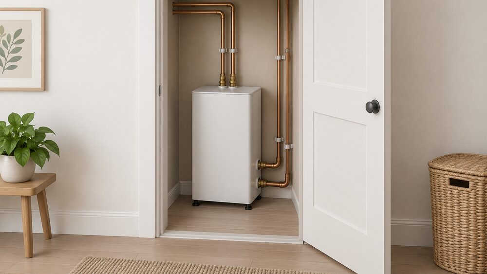 A compact wall-or-floor-standing heat battery unit, roughly the size of a small boiler, standing neatly inside an airing cupboard with the empty space around it where a large hot water cylinder used to be, its pipework running to the top and bottom connections.