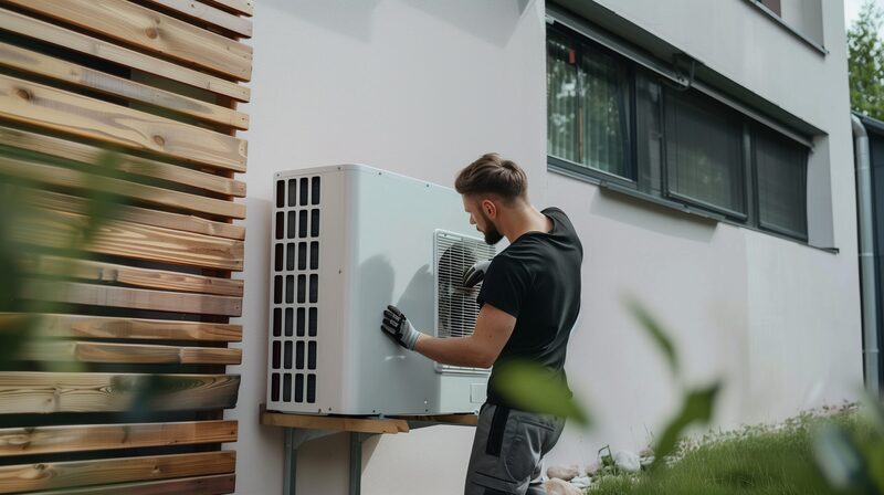 A technician installing an outdoor air-source heat pump unit on the exterior wall of a house