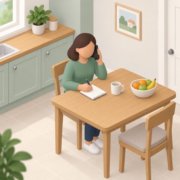 A householder sitting at a kitchen table in a UK home speaks on a cordless handset, phone held to ear, with a notepad and pen beside them, taking notes during a first call to an energy advice helpline.