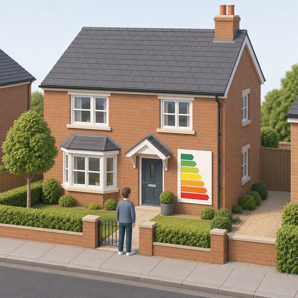 A typical UK house exterior seen from the street with a large EPC rating chart displayed beside the front door as a physical board, its coloured bands running from green to red with no readable words or numbers, showing how a home's rating band is put on display.