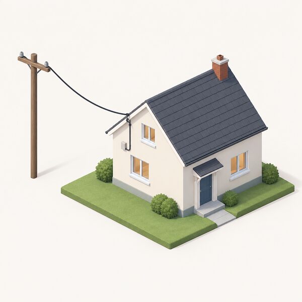 A simple detached house with an overhead electricity cable running from a wooden pole to the house wall, connecting it to the wider network, shown as a plain isometric scene with no other equipment, to show the home remains grid-dependent.