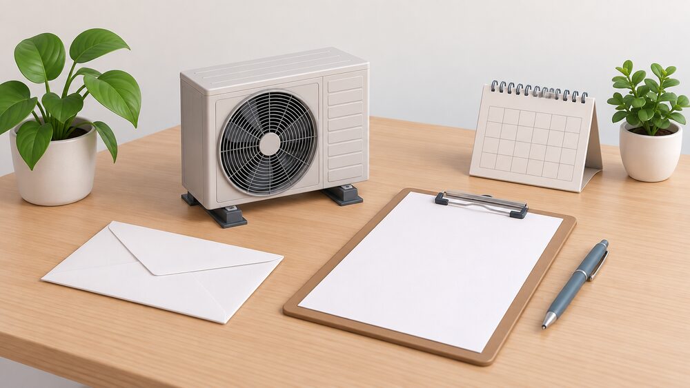 A small model of an air source heat pump fan unit stands on a table beside blank consent paperwork on a clipboard, a sealed envelope, a small calendar and a pen, arranged as the moment a household signs up to a home energy technology trial.