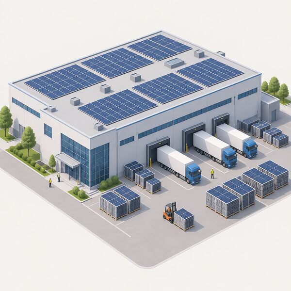 A simple industrial scene of a large factory building with solar panels on its roof, delivery lorries at loading bays and stacks of finished photovoltaic modules outside, representing commercial-scale perovskite-tandem panel manufacture.