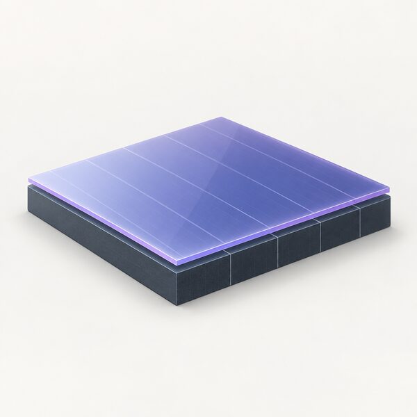 A close-up of a single tandem solar cell shown as a flat dark silicon base with a thin, smooth perovskite layer sitting on top, drawn as a simple layered diagram object with no readable text.