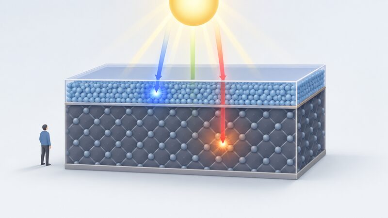 A cutaway cross-section of a tandem solar cell showing a thin perovskite layer on top of a thicker silicon layer beneath, with incoming sunlight from above and blue light rays stopping in the perovskite while red rays pass through to be absorbed in the silicon.