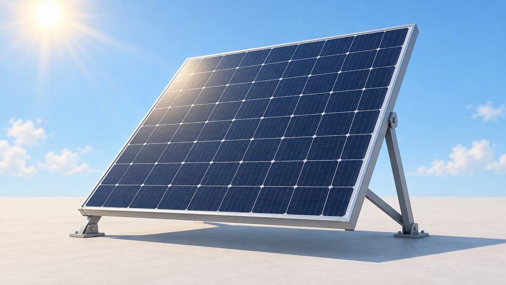 A single large solar panel module shown close up and centrally, tilted as if on a mounting frame, with sunlight striking its dark blue-black surface and a plain sky behind, no roof or building visible.