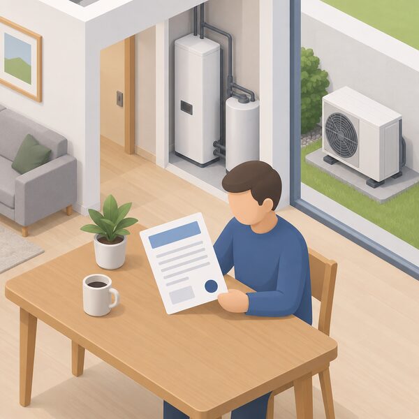 A guarantee certificate as a physical document lying on a table in a home, beside a small isometric figure of a householder holding it, with the installed heating system visible in the background, its content shown only as blank lines and plain blocks.