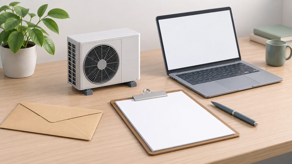 A small model of an air source heat pump sits on a desk beside blank paperwork, a clipboard, a sealed envelope and a laptop with a blank screen, arranged as a householder checking a manufacturer's claim before ordering.