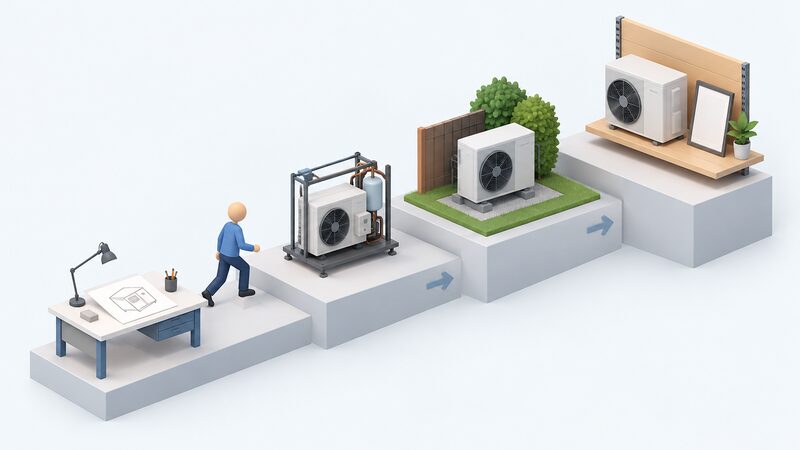 A stepped diagram shown as a physical display board in a home energy advice setting, with a simplified isometric figure walking up four plain steps from a laboratory bench with a concept sketch, through a prototype rig and an outdoor field demonstration unit, to a finished certified product on a shop-style shelf beside a blank certificate.