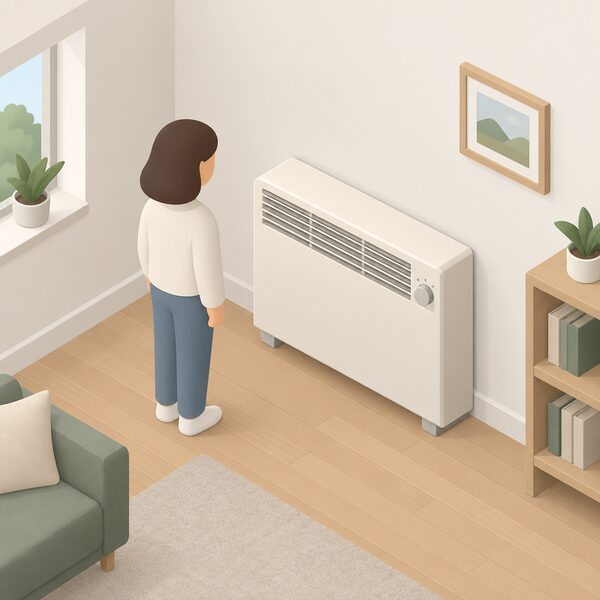 A storage heater standing against the wall of a simply furnished home room, drawn as a plain rectangular floor-standing unit with a vented front panel and a control dial, with a small isometric figure nearby for scale.