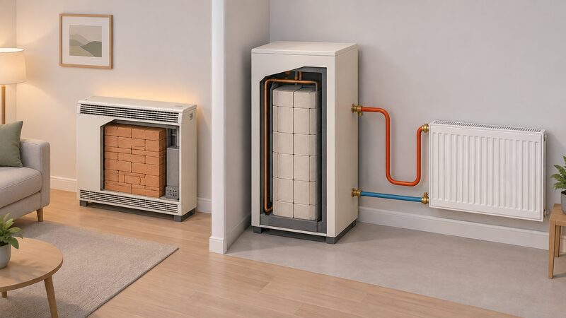 A side-by-side cutaway diagram showing a standalone night storage heater box with its internal heat-retaining brick core on one side, and a heat battery boiler with its high-density ceramic core on the other, connected by flow and return pipes to a radiator, showing that only the ZEB feeds a wet central heating system.