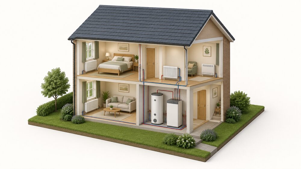 A cutaway house showing a heat battery boiler standing indoors on the ground floor connected by pipework to radiators in the rooms, while a standalone storage heater sits against the wall of one upstairs room heating only that room.