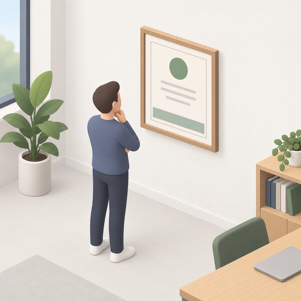 A framed B Corp certificate hanging on an office wall, drawn as a physical document with blank lines and plain colour bands instead of readable text, with a simplified isometric figure pausing to look at it.