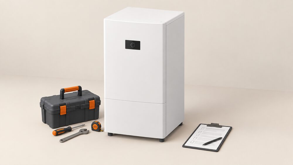 A close-up of a ZEB heat battery boiler, a compact white cabinet unit that replaces a combi boiler, shown whole and unopened, standing centrally with an installer's toolbox and clipboard beside it.