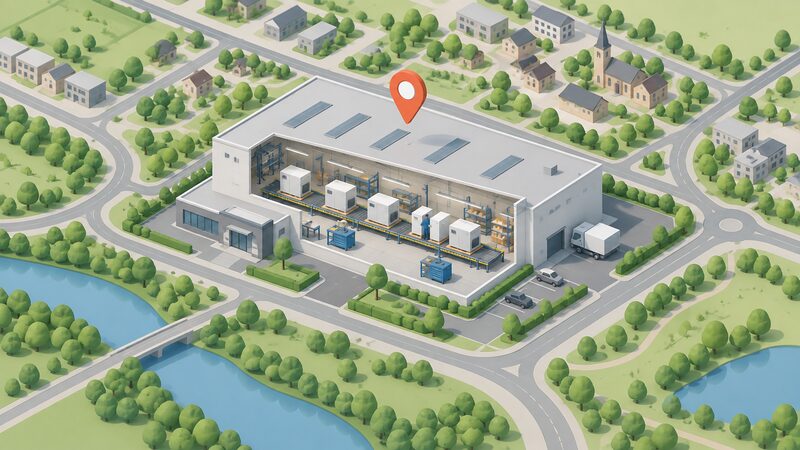 A simplified map-style illustration of Wokingham in Berkshire showing a marked factory site with a cutaway view of the building revealing a production line where ZEB units are being assembled, with a small isometric figure working on one unit.