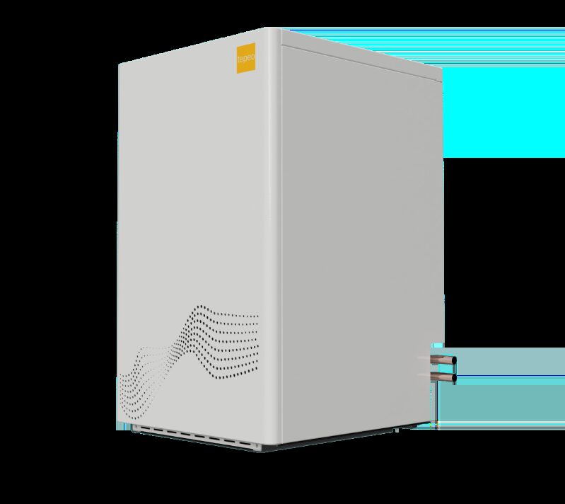 A white tepeo ZEB electric boiler unit with copper pipe connections, shown on a plain background