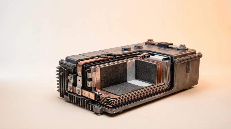 A cutaway model of an electric vehicle battery pack showing its internal layers and casing