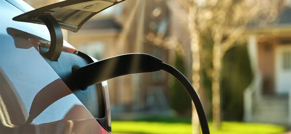 A charging cable plugged into the open charge port of an electric car outside a house