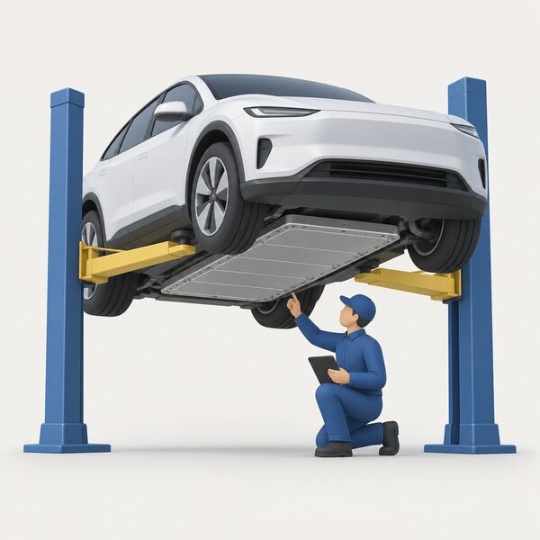An electric car raised on a workshop hoist with its flat traction battery pack visible beneath the floor, a technician kneeling beside it inspecting the pack that the battery warranty covers.