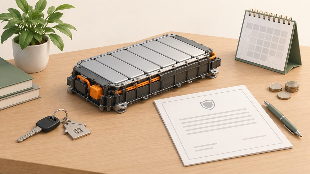 A small model of an electric car traction battery pack sits on a table beside blank warranty paperwork, a house key, a desk calendar and a few coins, suggesting a household checking the terms that cover their car's battery.