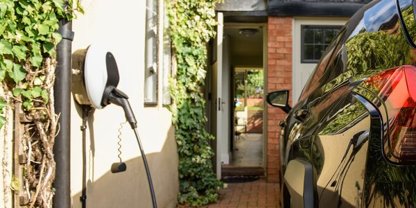 A wall-mounted EV charge point with cable plugged in beside a parked electric car outside a house