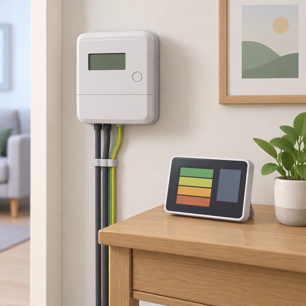 A wall-mounted electricity smart meter with a separate in-home display screen sitting on a nearby table, shown as a simple household interior scene with no readable figures.