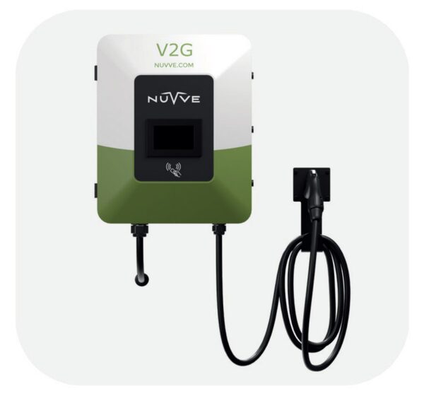 A Nuvve V2G wall-mounted EV charger unit with coiled charging cable on a plain background