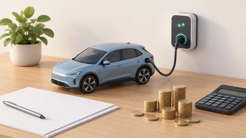 A small model of an electric car plugged into a miniature wall-mounted bi-directional chargepoint sits on a table beside blank paperwork, a calculator and a scatter of coins, suggesting the household earnings a vehicle-to-grid tariff can bring.