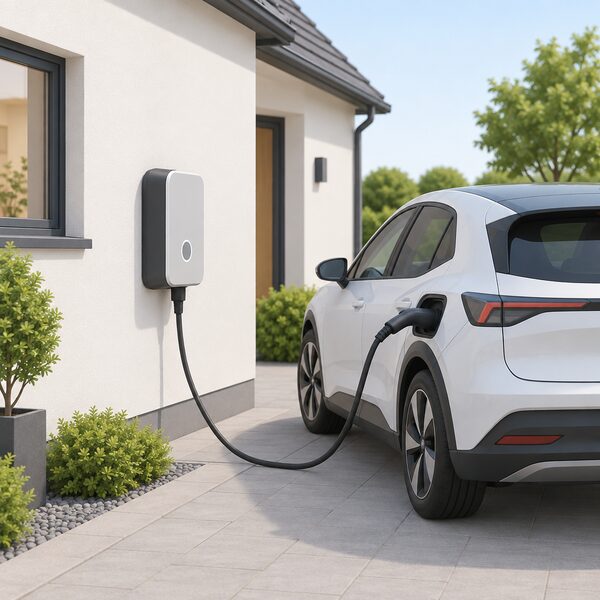 A bidirectional V2G charge point mounted on the outside wall of a house, with a cable running to a plugged-in electric car parked on the driveway, shown awaiting connection before any power flows.