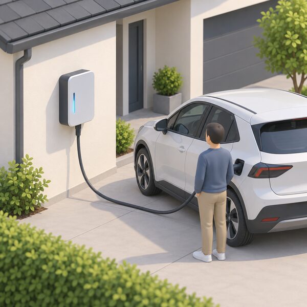 A wall-mounted bidirectional V2G charger unit beside a parked electric car on a home driveway, with a cable linking the charger to the car's charge port, showing the hardware whose cost is weighed against annual revenue.