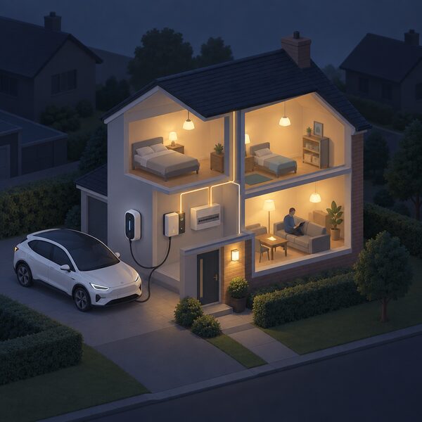 A darkened house at night during a power cut, with a bidirectional charger on the wall connected by a cable to an electric car on the driveway, and a small transfer switch unit beside the consumer unit so the car's battery powers the home's lighting circuits while nothing exports to the street.