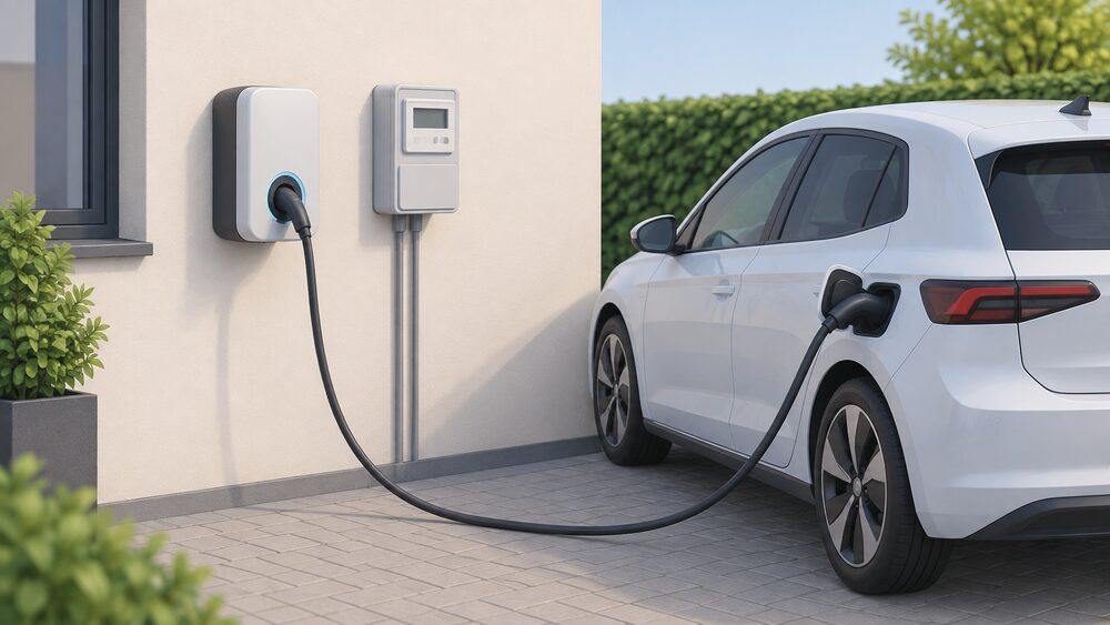 A bidirectional EV charge point mounted on a house's external wall beside the driveway, its cable plugged into an electric car parked alongside, with the household's electricity meter visible on the same wall between them.