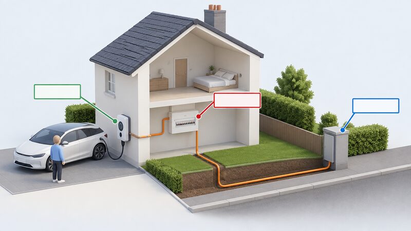 A simplified cutaway diagram of a house with a bidirectional charge point connected by cable to a street network connection, with callout lines pointing to blank label boxes marking the protection and isolation points between the charge point, the home's consumer installation and the distribution network.