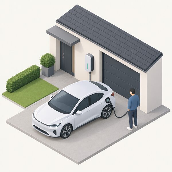 A V2G wall-mounted charger on a house exterior beside a home drive, with a cable running from the unit to the charge port of a parked electric car, drawn as a simple isometric scene.