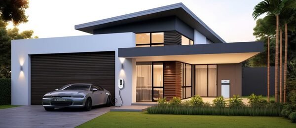 A modern house at dusk with an electric car charging on the driveway and a home battery unit beside the garage