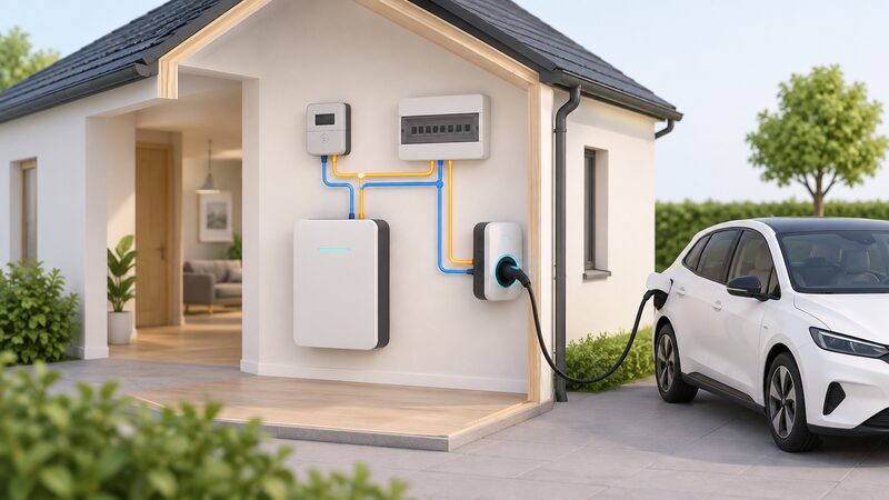 A cutaway house wall showing a smart meter and consumer unit connected to a wall-mounted home battery inside and to a bidirectional charger linked by a cable to an electric car parked outside, illustrating two storage paths.