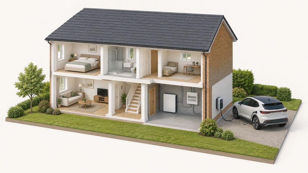 A cutaway house showing a home battery fixed on the wall of a garage or utility space wired to the consumer unit, while outside on the drive an electric car is parked and plugged into a bidirectional chargepoint mounted on the external wall.