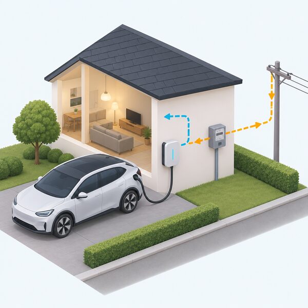A bidirectional wall charger mounted beside a parked electric car on a home driveway, with a cable linking charger to car and a simplified connection showing energy able to flow either into the house or out to the electricity network.