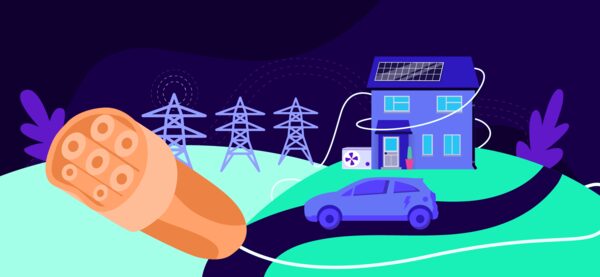 An illustration of an electric car outside a house with solar panels, connected by a cable to pylons and the grid, with a large plug in the foreground